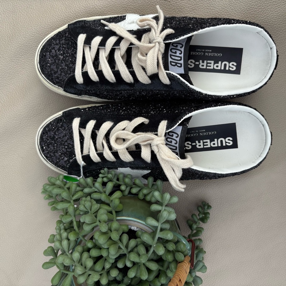 GOLDEN GOOSE SUPER START GLITTER SNEAKERS BACKLESS SLIDES LACE UP LEATHER 37/7 - Picture 3 of 8